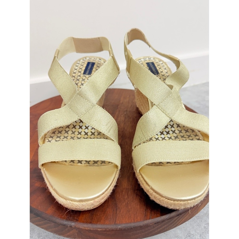 Lands‎ End Womens Gold Metallic Elastic Cross Strap Espadrille Wedge Sandals